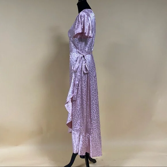 Simplee Dusty Pink Leopard Asymmetrical Ruffle Hem Wrap Belted Satin Dress Sz L - Picture 11 of 14